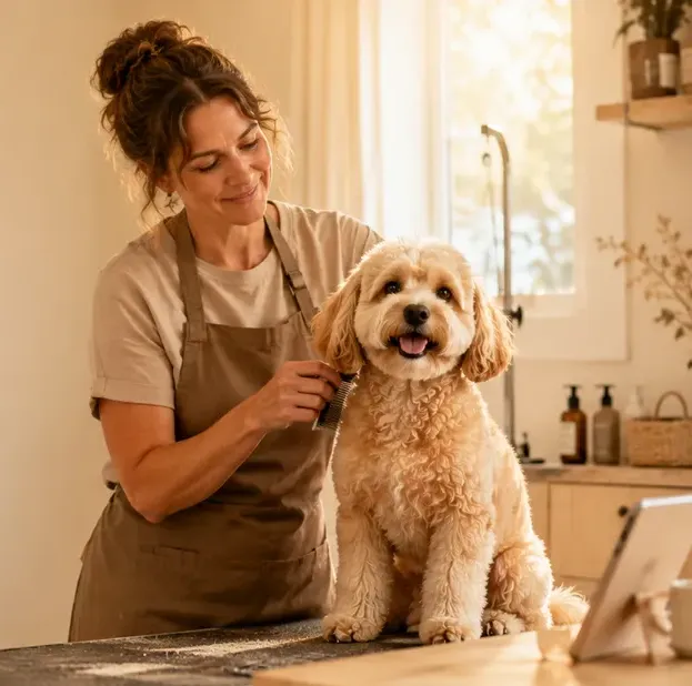 Freshly groomed dog with groomer